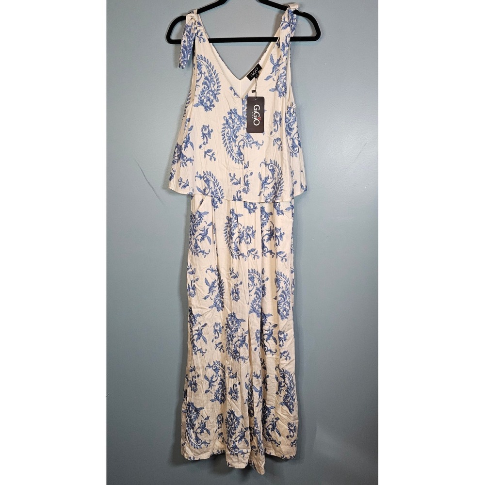GiGio USA Blue Paisley Damask Jumpsuit Cream V-Neck Sleeveless Small NWT
